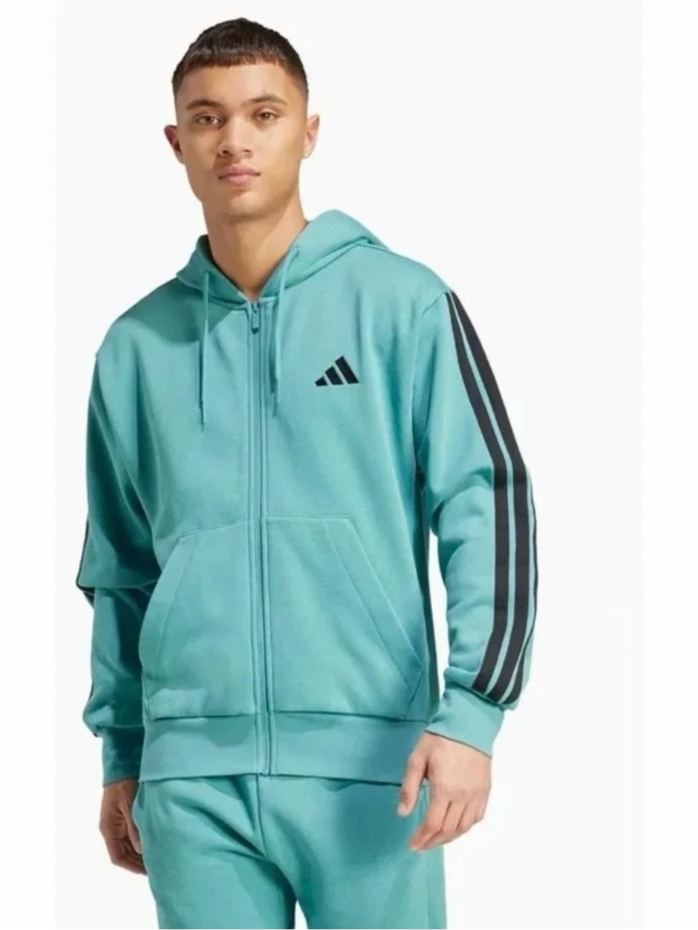 Adidas Men’s 3XLT Full Zip Hoodie Powder Teal Black 3 Stripe Track Jacket NWT
